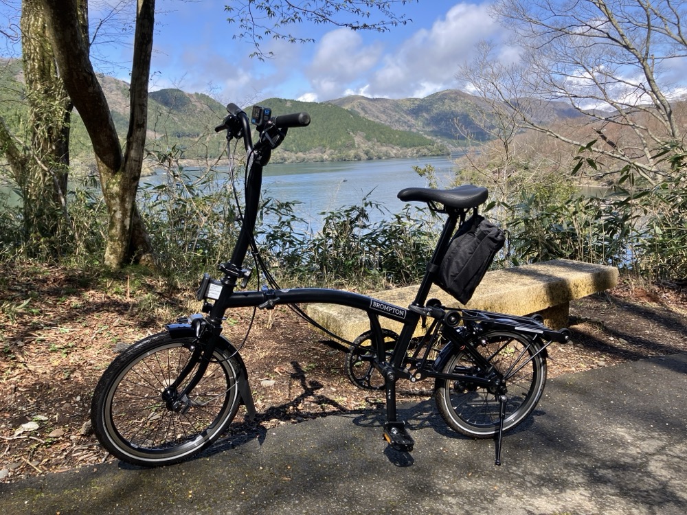 箱根九頭龍の森セラピーロード内のベンチとBROMPTON