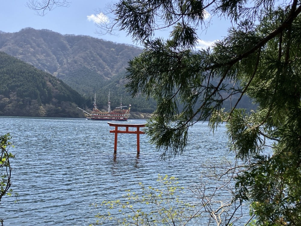 九頭龍神社の水中鳥居と遊覧船